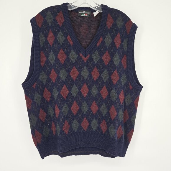 Italian Sweater Co Sweater Vest Mens XL Blue Argyle Wool Blend Made Italy Preppy - Picture 1 of 10